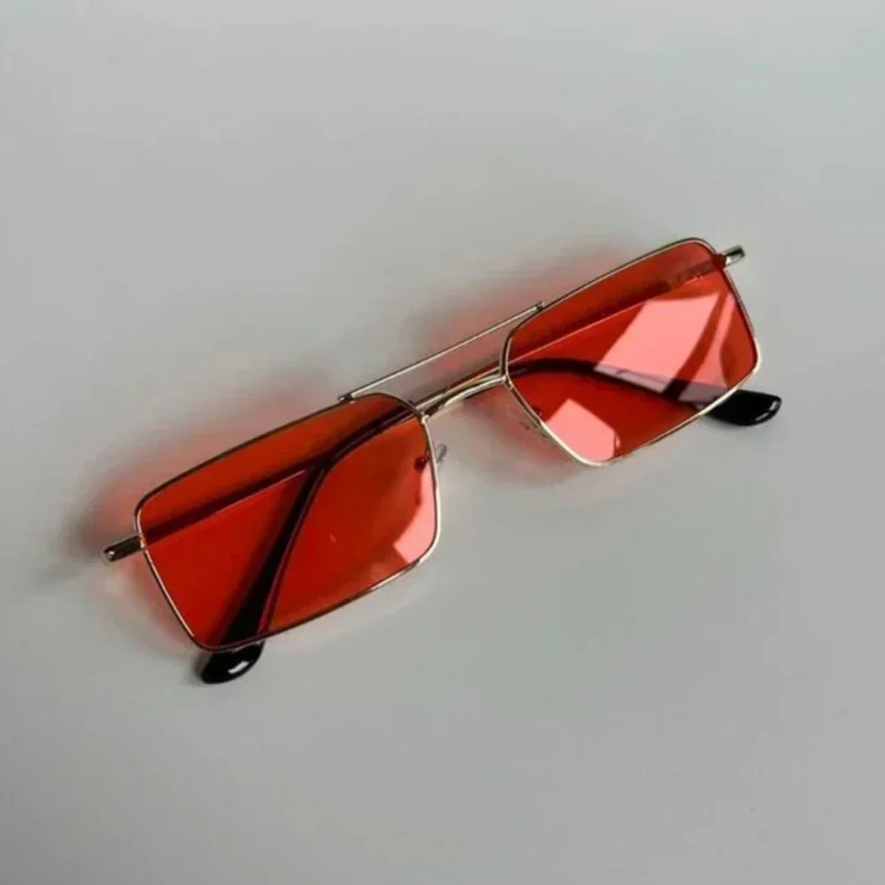 vintage y2k 90s 2000s unique slim gold trim red lens sunglasses